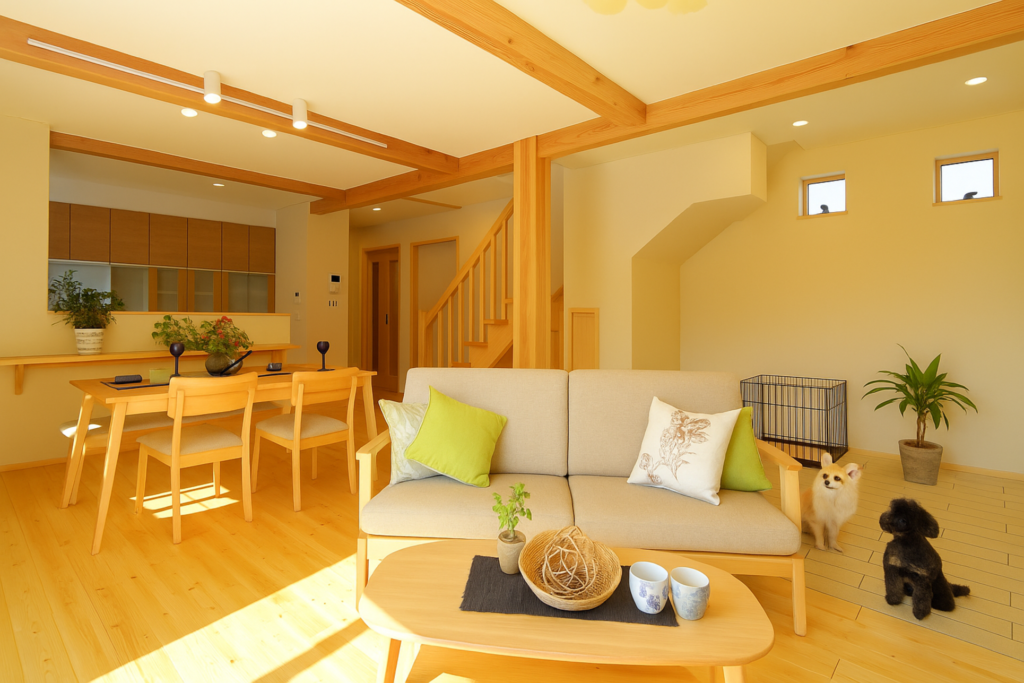 自然素材の無垢材を使ったリビングとダイニングのある家。無垢材の床はペットに優しい。お掃除しやすく木彫タイルのところにゲージを配置したペットと暮らしやすい空間。