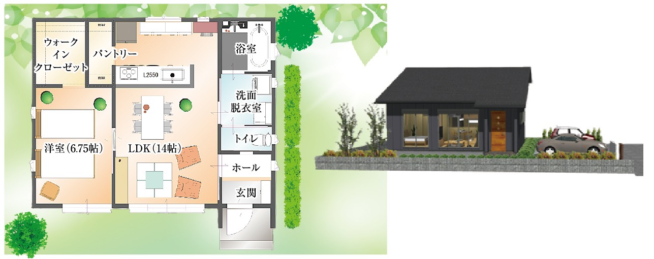 16.6坪1LDKの2人暮らし平屋プラン